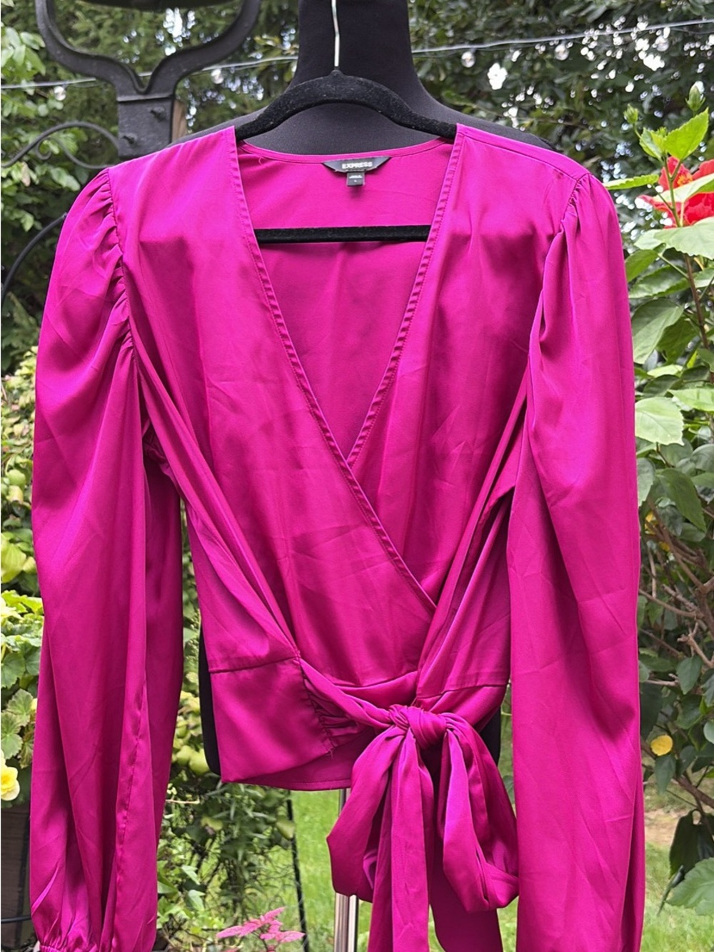 Express Bright Fuchsia Wrap Blouse with Tie Waist